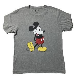 Uniqlo Women Shirt Size XS Gray Mickey Mouse Graphic Print Short Sleeve Stretch